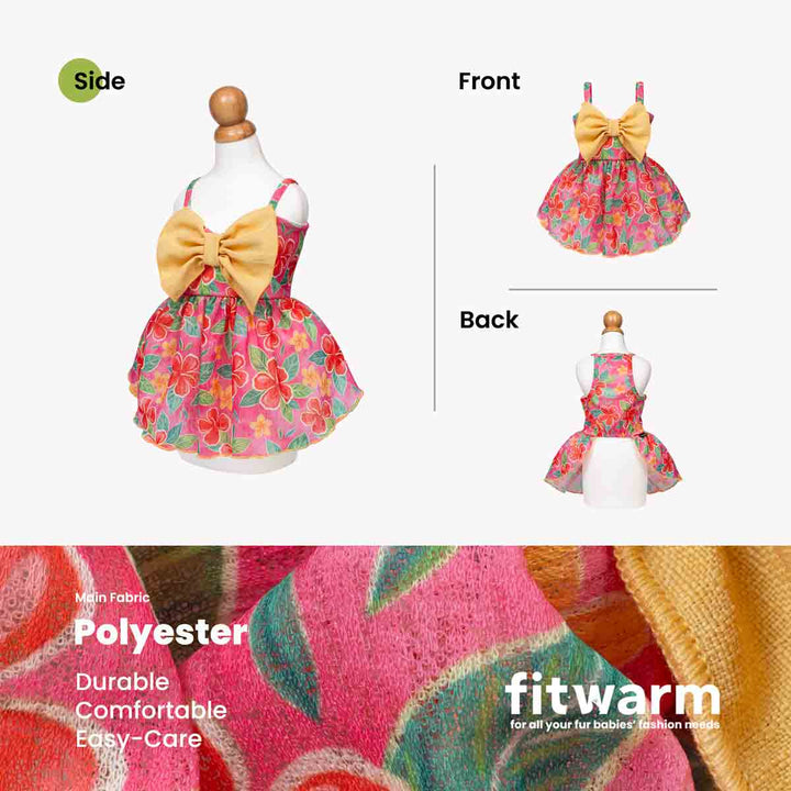 Dog floral dress on a mannequin with side, front, and back views, featuring Fitwarm branding