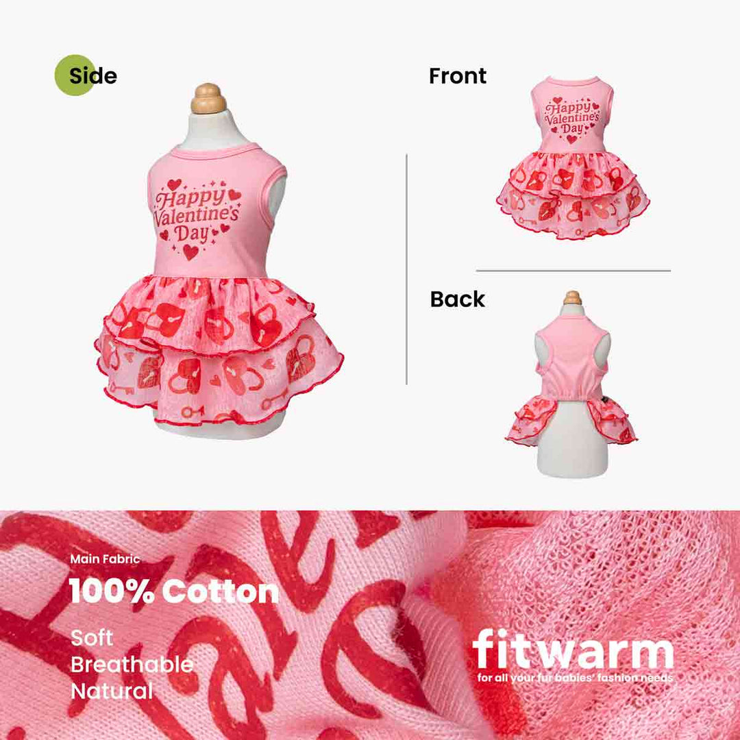 Dog dress displayed with side, front, and back views featuring a pink Valentine's Day design and cotton fabric details.