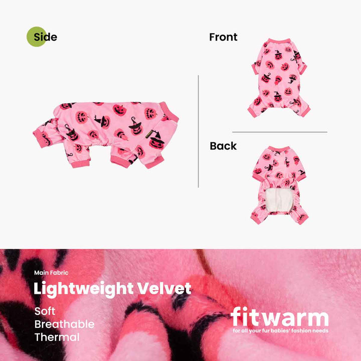 Pink pumpkin dog pajamas: close-up of lightweight, breathable fabric; front, back, side views of full-body Halloween onesie.