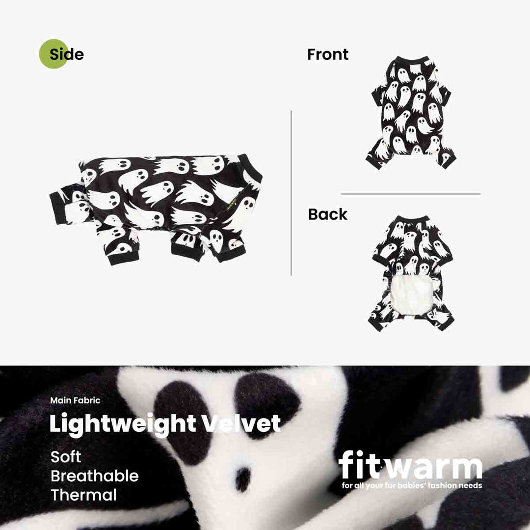 Cozy black ghost Halloween dog pajamas. Close-up shows soft, lightweight velvet fabric; full views display four-leg design.