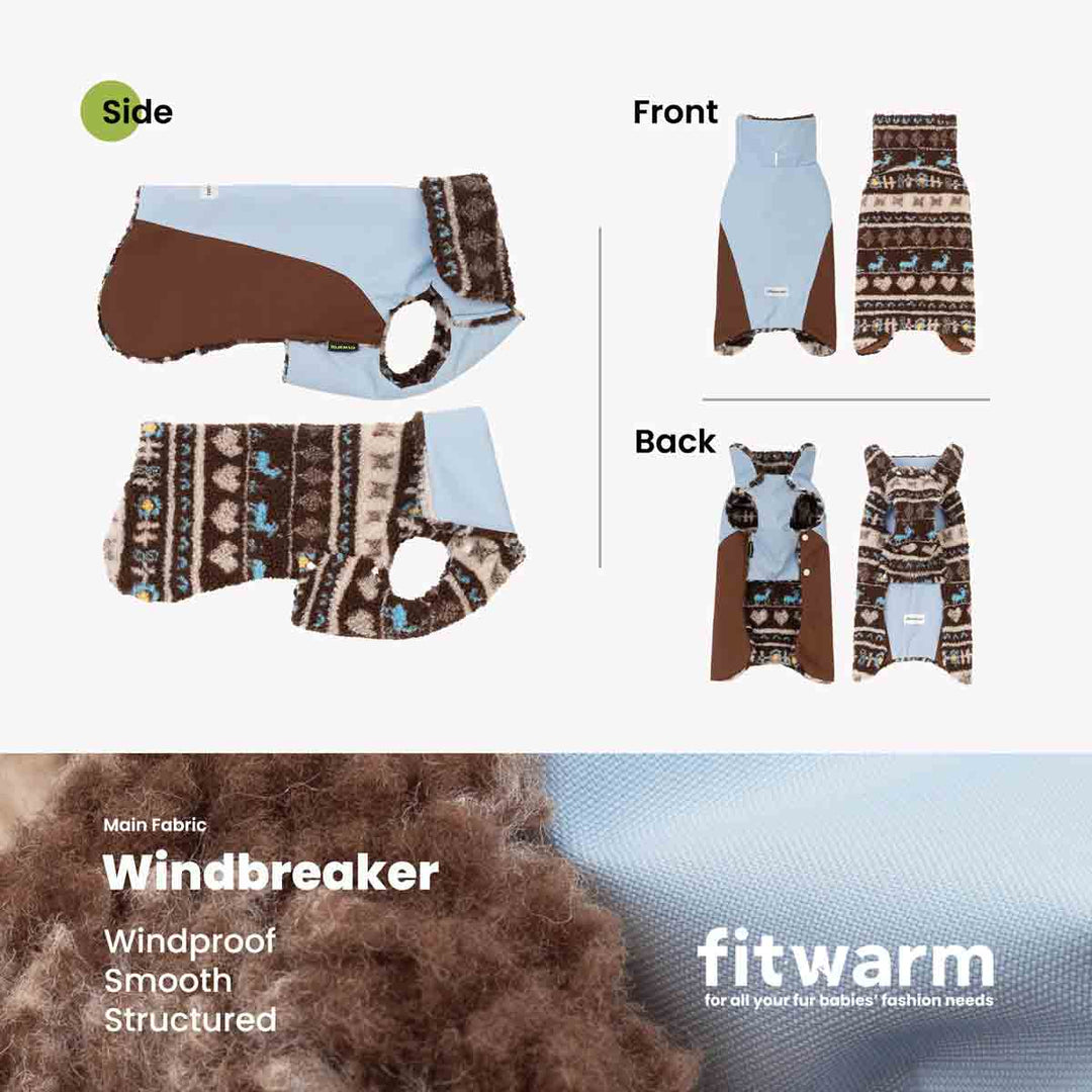 Product infographic showing a dog winter coat from multiple angles, labeled side, front, and back