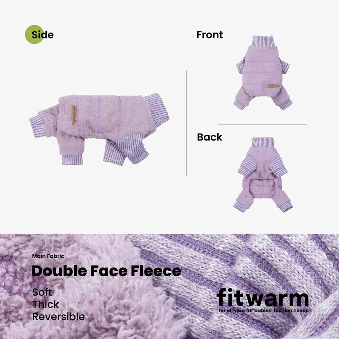 Lilac dog pajamas shown in side, front, and back views with double face fleece fabric details.