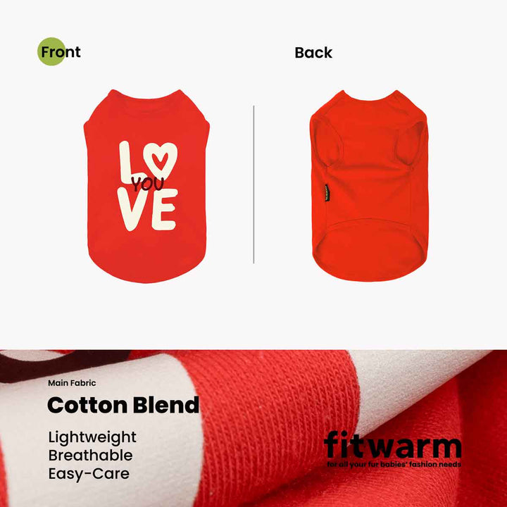 Red dog shirt with LOVE YOU heart print, front and back view, cotton blend.