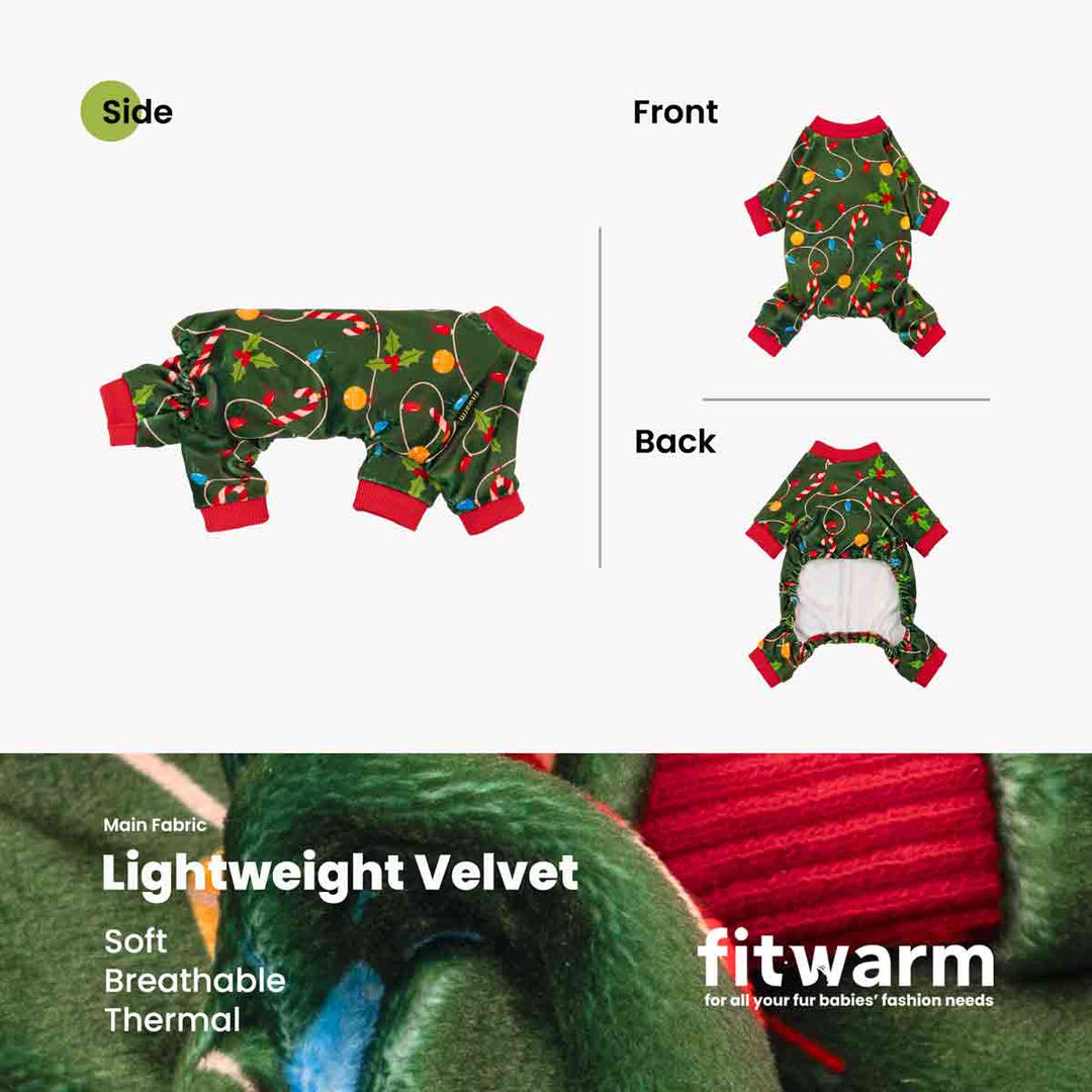 Side and front-back views of green holiday-themed dog pajamas with colorful string-light prints displayed on fabric detail.