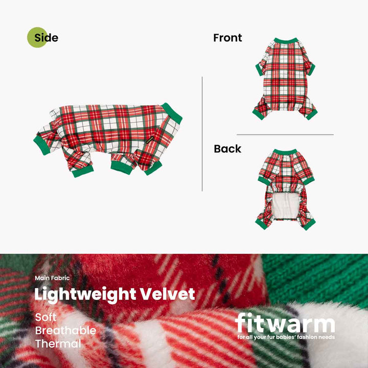 Product presentation of a dog Christmas onesie in a red, green, and white plaid pattern, showing front, back, and side views on a white background, with a close-up of the plush fabric at the bottom