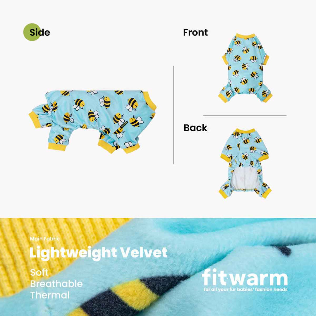 Blue dog pajamas with a bee print and yellow accents. Lightweight, soft, breathable, comfortable, and stretchy material.