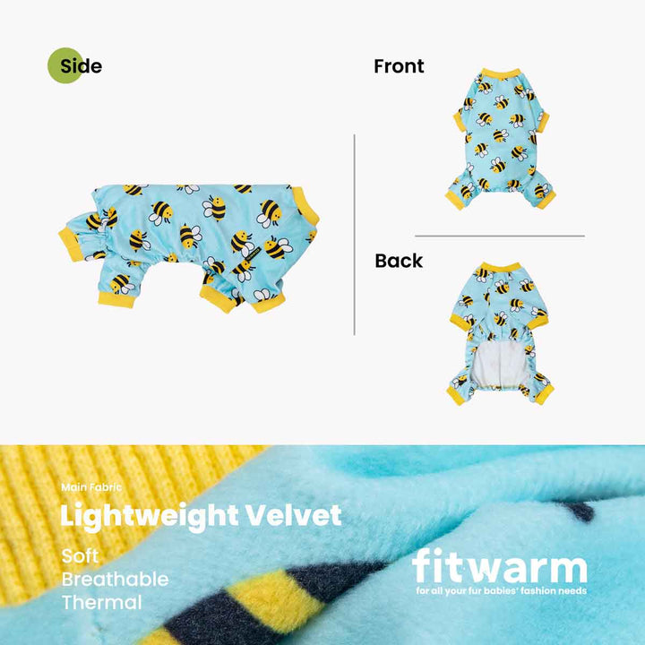Blue dog pajamas with a bee print and yellow accents. Lightweight, soft, breathable, comfortable, and stretchy material.