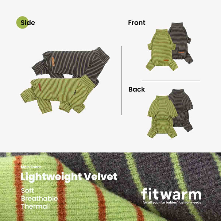 Product information graphic for a dog fleece pajamas. The top half shows front, side and back views in olive green and dark gray striped versions and the bottom shows the fabric