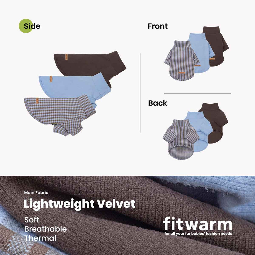 Product information graphic for dog winter sweaters, showing side, front, and back views on a light gray background with a fabric close-up banner at the bottom