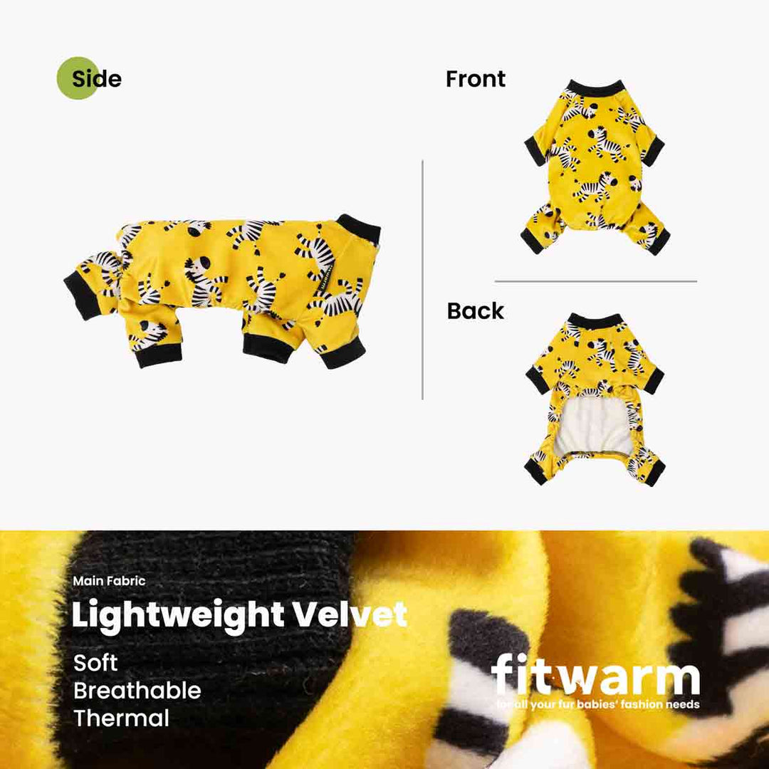 Yellow zebra-print dog pajamas presented with cozy lightweight velvet fabric texture.