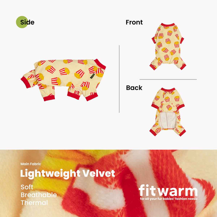 Cozy pajama for dogs shown on a white background with front and back views labeled, plus a fabric close-up banner at the bottom