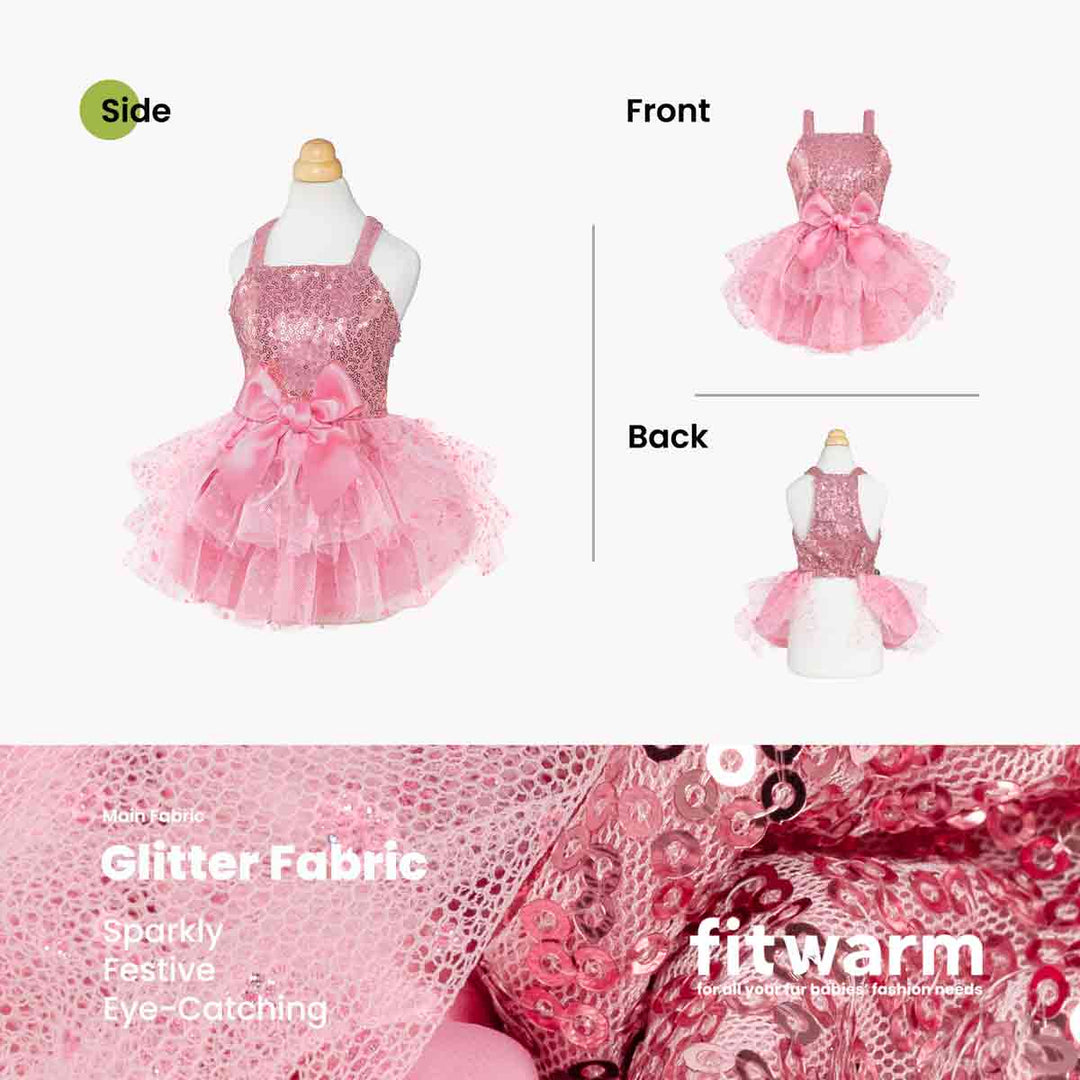 Pink glitter dog dress shown from side, front, and back with sequins and ruffled tulle layers.