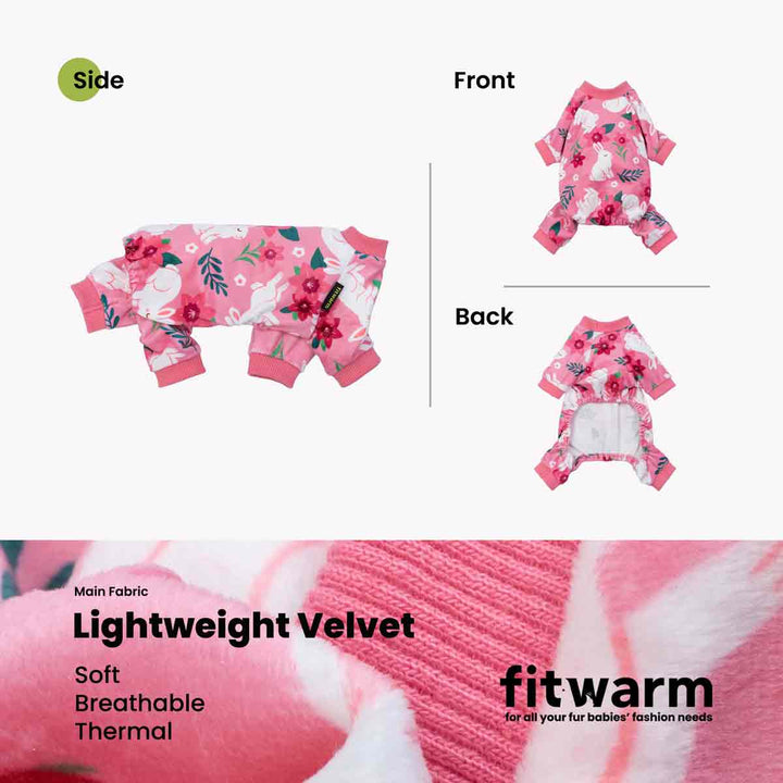 Dog pajamas shown in a front, back, and side view with a pink bunny and floral print design.