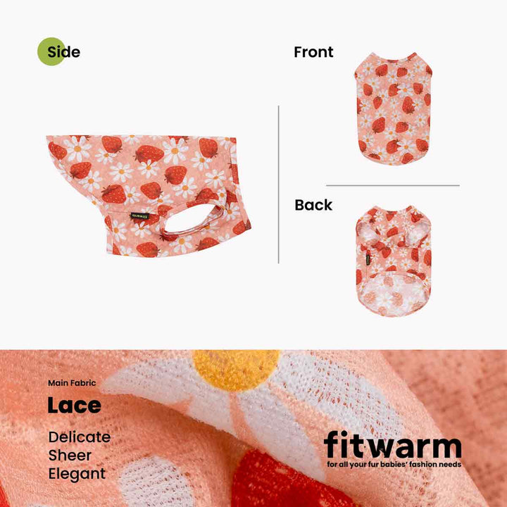 Lace dog tshirt with strawberry pattern on a white background, featuring 'fitwarm' branding.