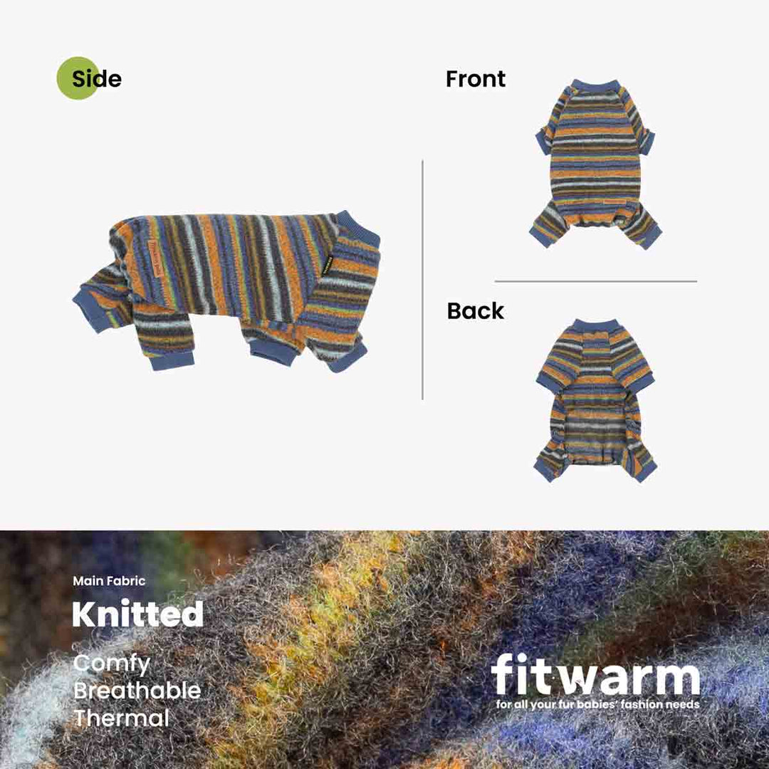 Product infographic showing a dog knit pjs from fitwarm, displaying side, front, and back views on a light gray background, with a fabric feature banner at the bottom
