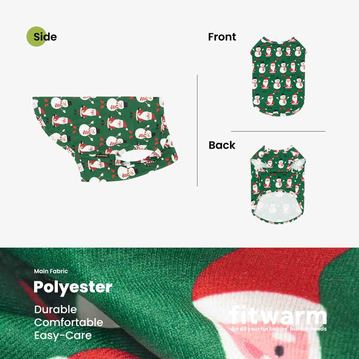 Product layout diagram showing a green patterned Christmas dog t-shirt from side, front, and back views on a light background, with a fabric close-up and text noting polyester, durable comfort, and easy-care properties