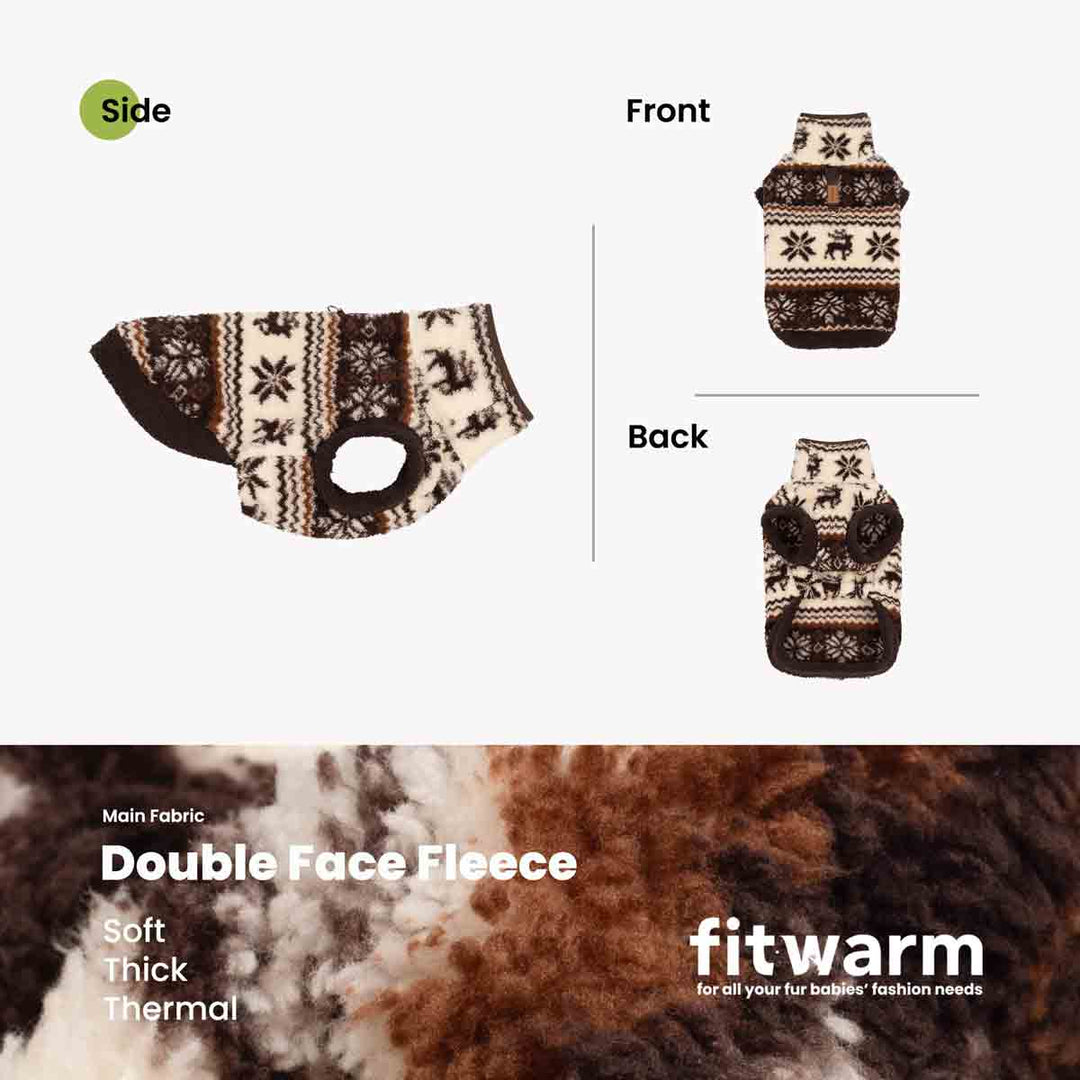 Product diagram showing a fuzzy sweater for dogs from three angles: side, front, and back