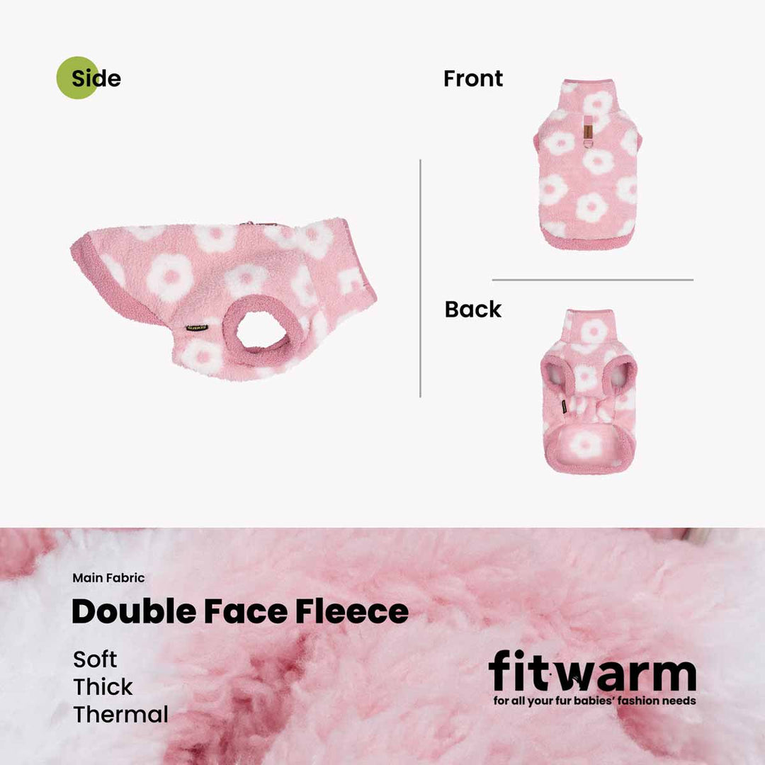 Product presentation of a pink double-face fleece dog coat with white floral patterns, showing front, back, and side views, along with a close-up of the soft fleece texture and brand name fitwarm