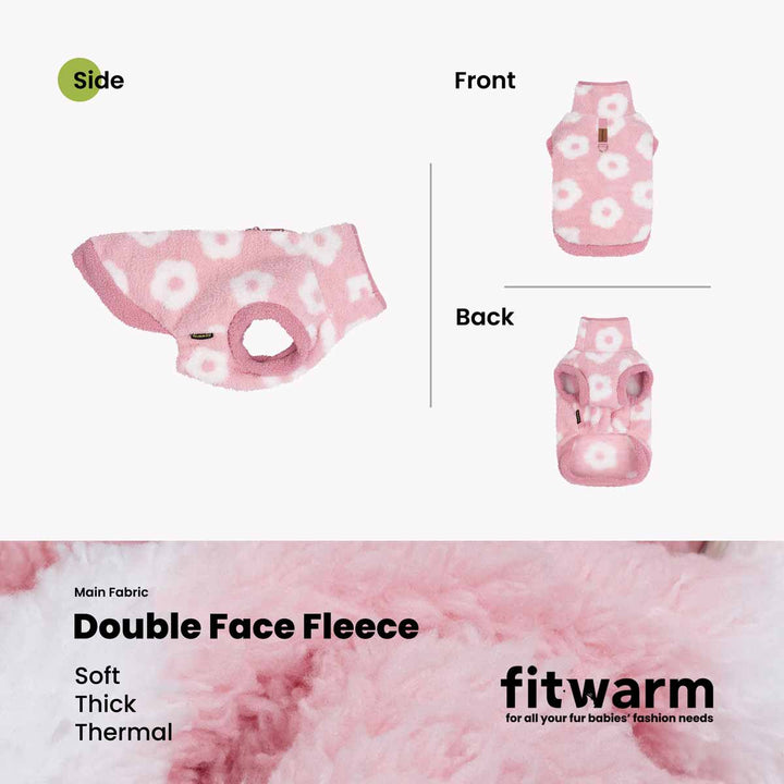 Product presentation of a pink double-face fleece dog coat with white floral patterns, showing front, back, and side views, along with a close-up of the soft fleece texture and brand name fitwarm