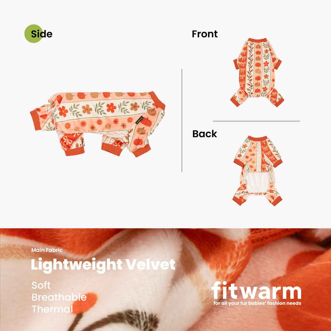 Product presentation of pajamas for dogs in a white and orange floral pattern, showing side, front, and back views on a white background
