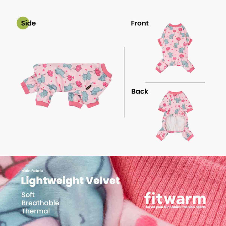 Pink lightweight velvet dog pajamas with elephants, balloons, hearts. Soft, breathable, thermal full-body onesie.