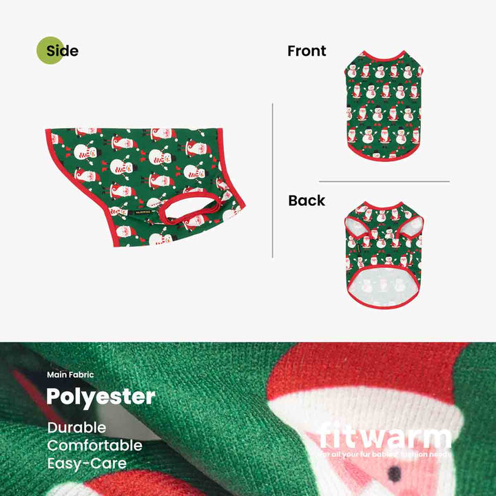 Product layout diagram showing a green patterned Christmas dog t-shirt from side, front, and back views on a light background, with a fabric close-up and text noting polyester, durable comfort, and easy-care properties
