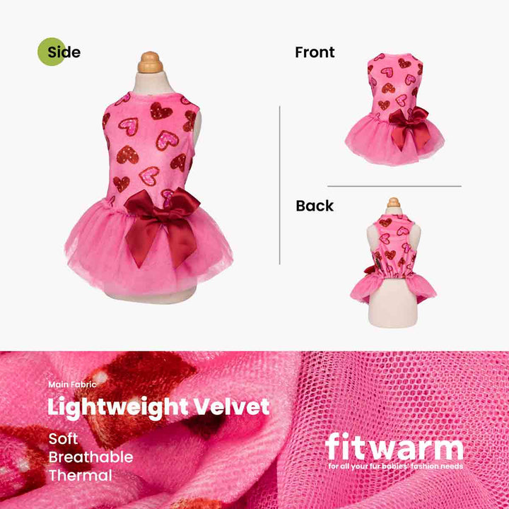 Pink heart-print dog dress shown in side, front, and back views with velvet and tulle details.