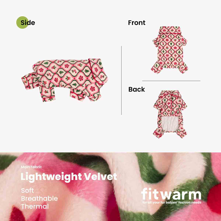 Product informational graphic for a dog fleece pjs. The top half shows a side, front, and back view of a small dog-shaped blanket with a pink, red, and green geometric pattern on a white background