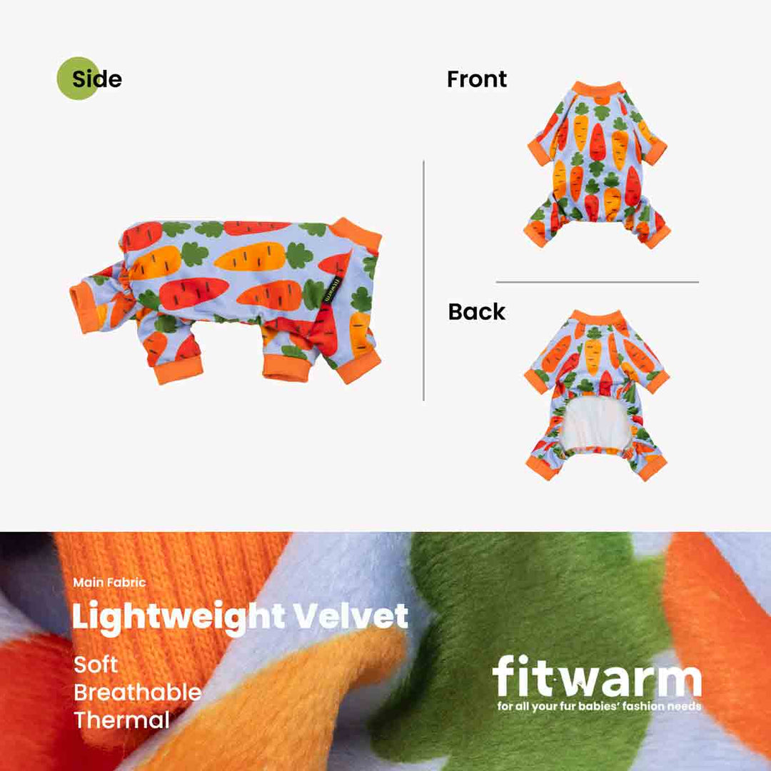 Carrot print dog pajamas side front back views with lightweight velvet fabric panel