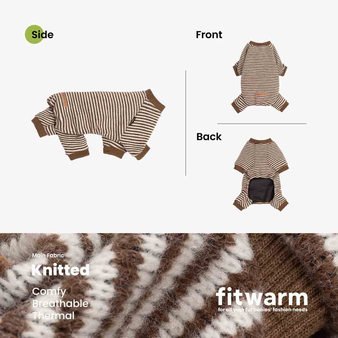 Product presentation of a dog onesie with brown and white stripes, showing front, back, and side views, along with a close-up of the knit fabric texture and text highlighting its comfort and breathability