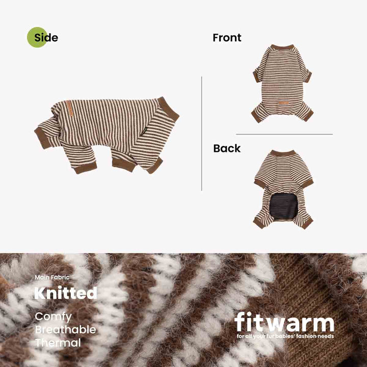 Product presentation of a dog onesie with brown and white stripes, showing front, back, and side views, along with a close-up of the knit fabric texture and text highlighting its comfort and breathability