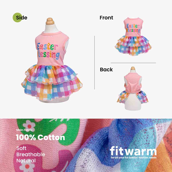 Easter-themed dog dress on a mannequin with side, front, and back views, featuring the brand 'fitwarm'.