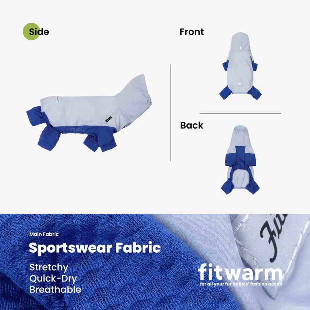 Dog pjs with side, front, and back views, featuring 'fitwarm' branding.