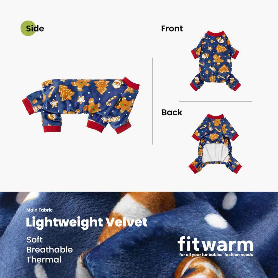 Blue gingerbread-pattern dog pajamas shown with soft lightweight velvet fabric details.