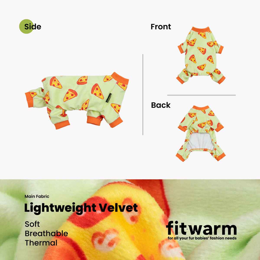 Side, front, back views of pizza print dog pajamas with orange trim on mint.