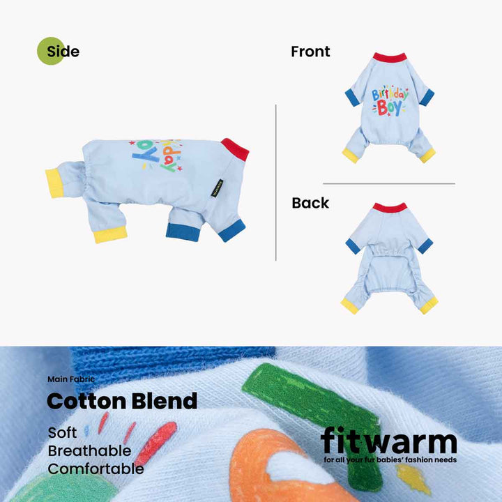 Side front and back views of light blue dog pajamas with colorful Birthday Boy print.