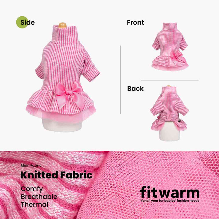 Pink striped knit dog dress with turtleneck, satin bow, and tulle skirt. Features front, side, and back views. Comfy, breathable, thermal fabric.