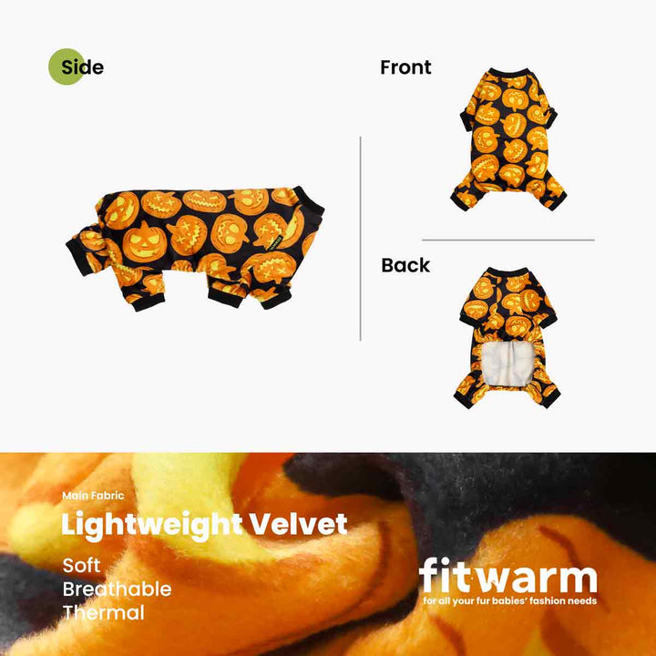 Halloween Pumpkin Pajamas for Dogs and Cats, soft, breathable, comfortable velvet onesie with pumpkin print, Fitwarm.