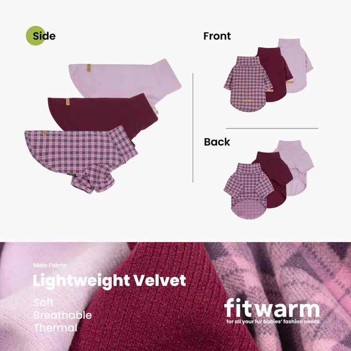 Product presentation of dog socks showing side, front, and back views, featuring three colors: light purple, burgundy, and a pink-and-purple gingham pattern