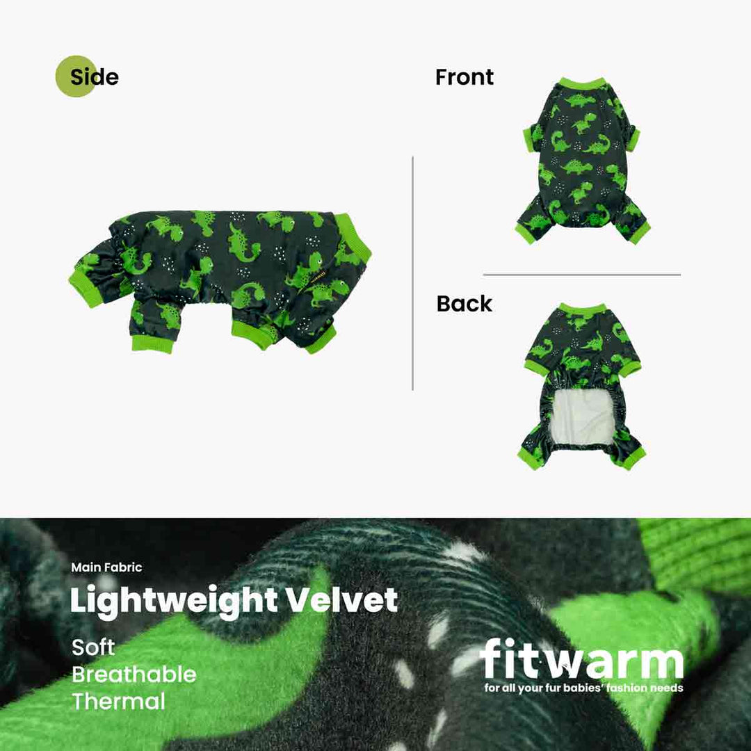 Dinosaur print dog onesie pajamas: soft velvet, green trim. Front, side, back views.