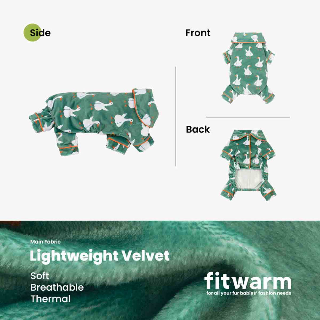 Product presentation for duck prints dog pjs, showing side, front, and back views on a white background, with a close-up of the green velvet fabric texture at the bottom 