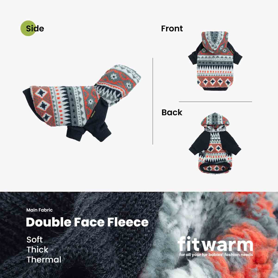 Dog hoodie shown from side, front, and back with text about fabric and warmth.