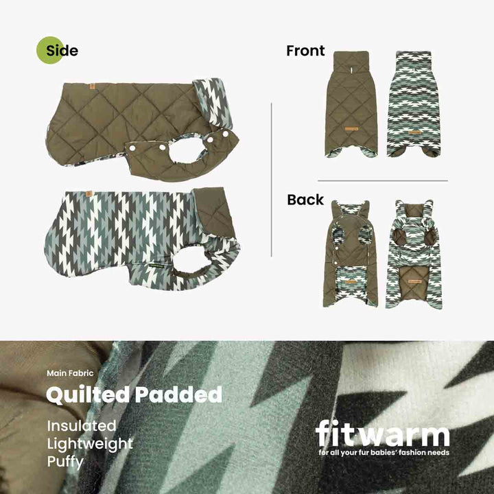 Product information graphic for collared neck dog coat showing side, front, and back views on a light gray background, with a close-up fabric details at the bottom.