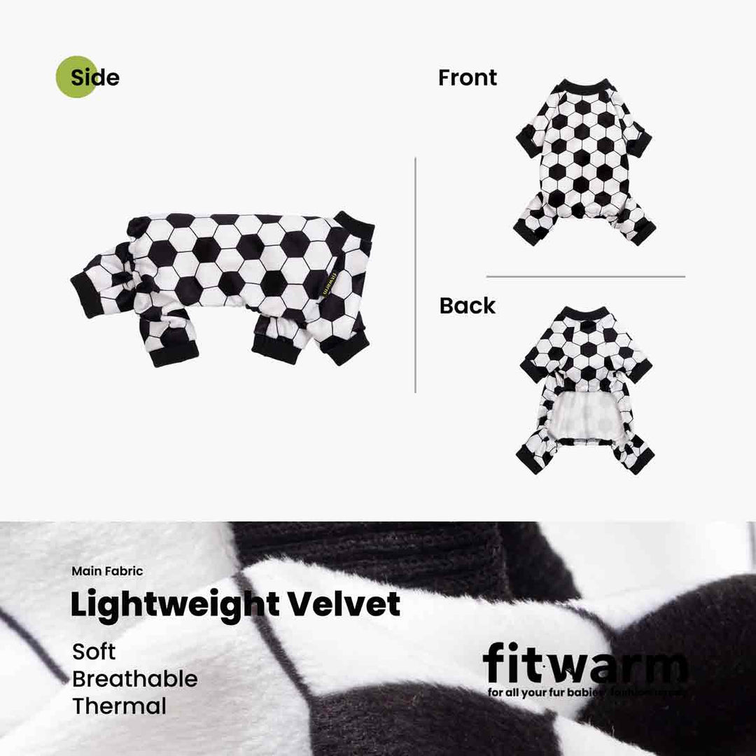 Black and white soccer pattern dog pajamas shown from side front and back views