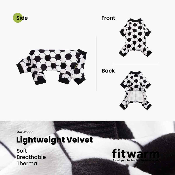 Black and white soccer pattern dog pajamas shown from side front and back views