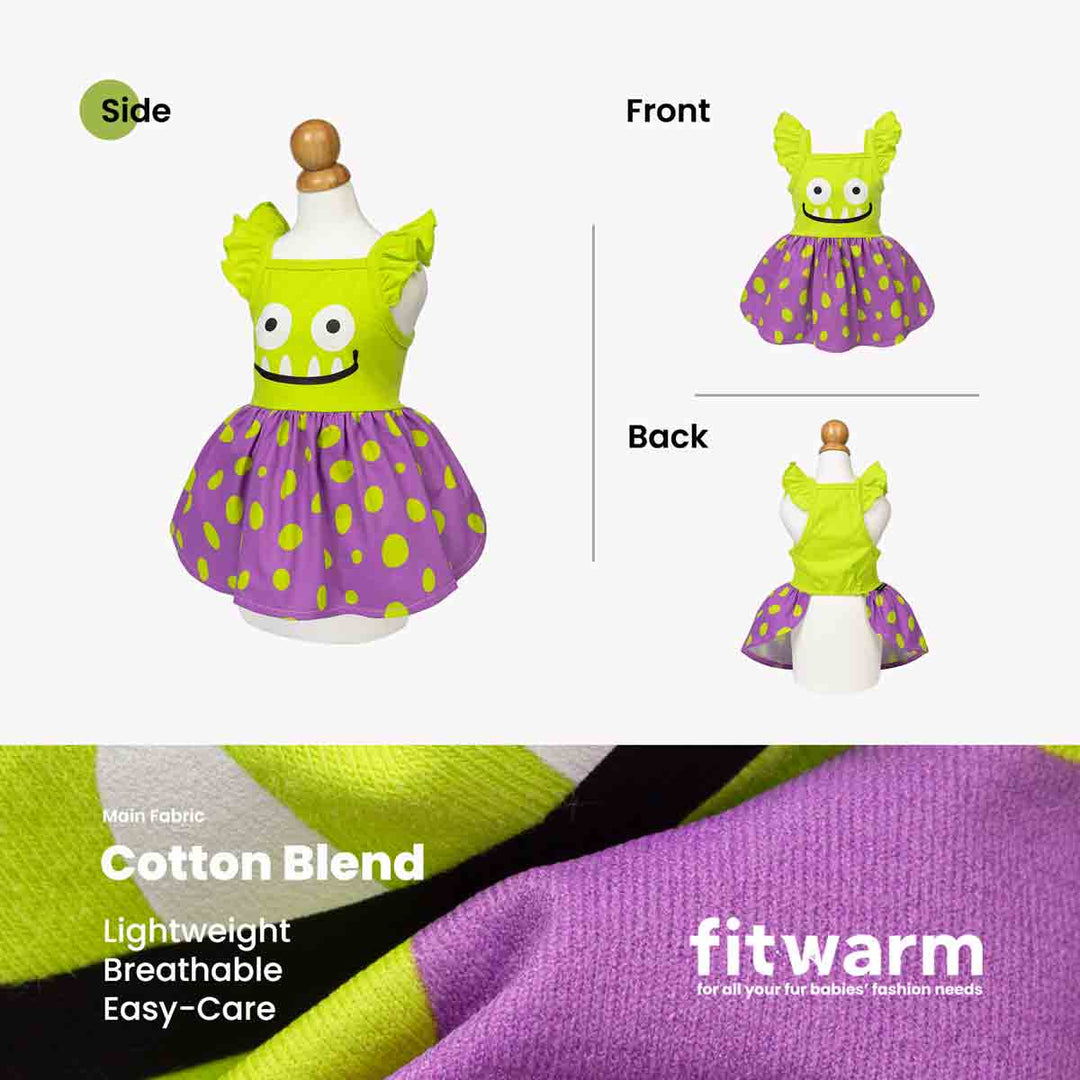 Funny Halloween dress for dogs displayed on a mannequin, with front, back, and side views shown on a light gray background