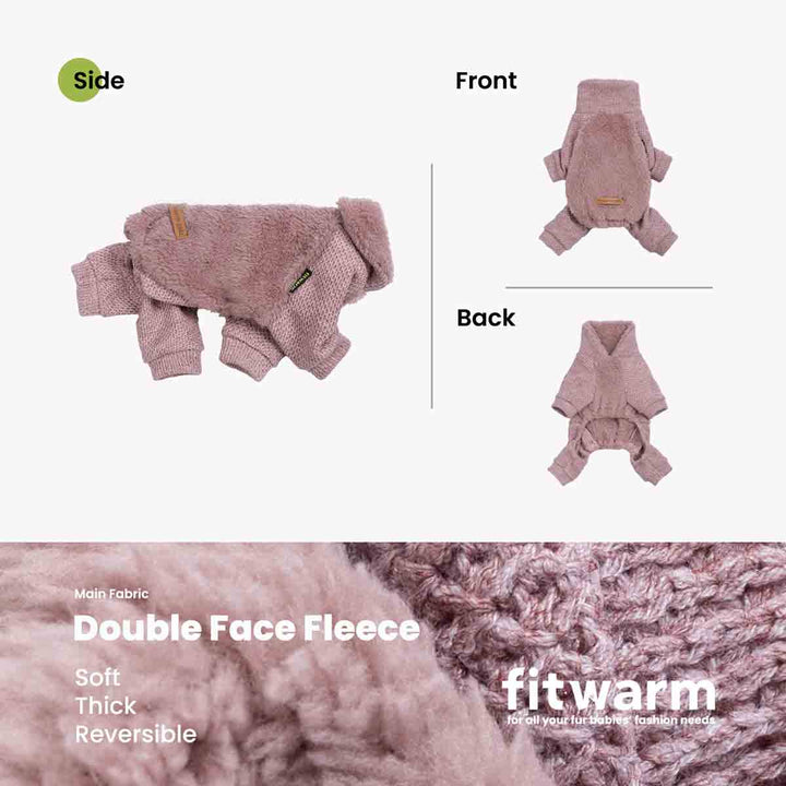 Side, front, and back views of fluffy mauve dog pajamas made with double-face fleece.
