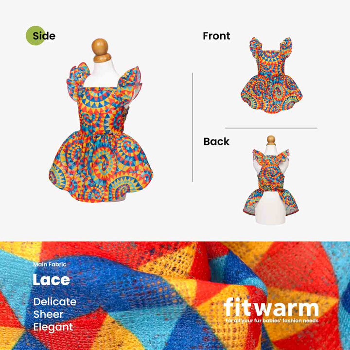 Colorful dress for dogs displayed from multiple angles with 'fitwarm' branding.
