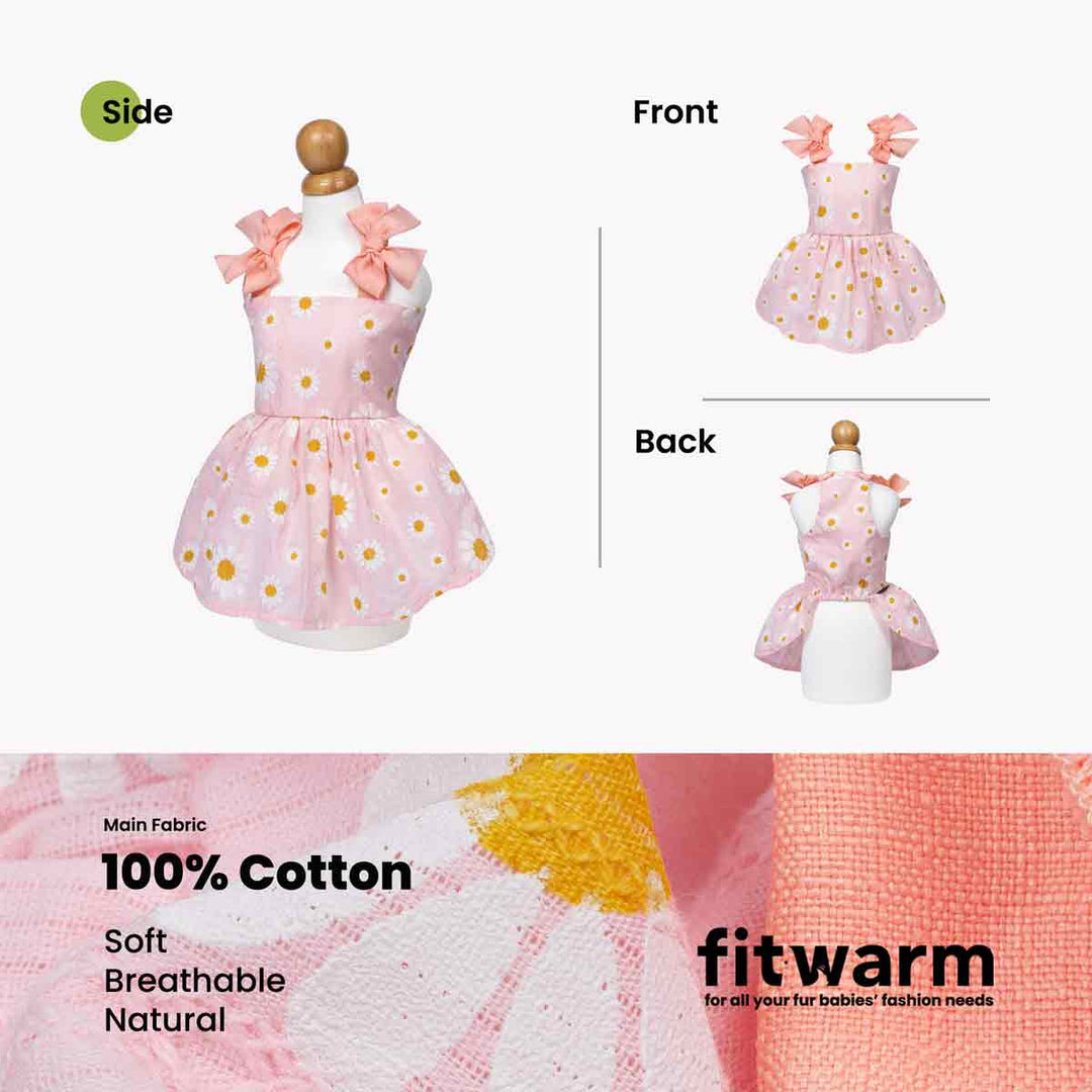 Pink dog tutu dress with yellow polka dots on a white background, showing side, front, and back views