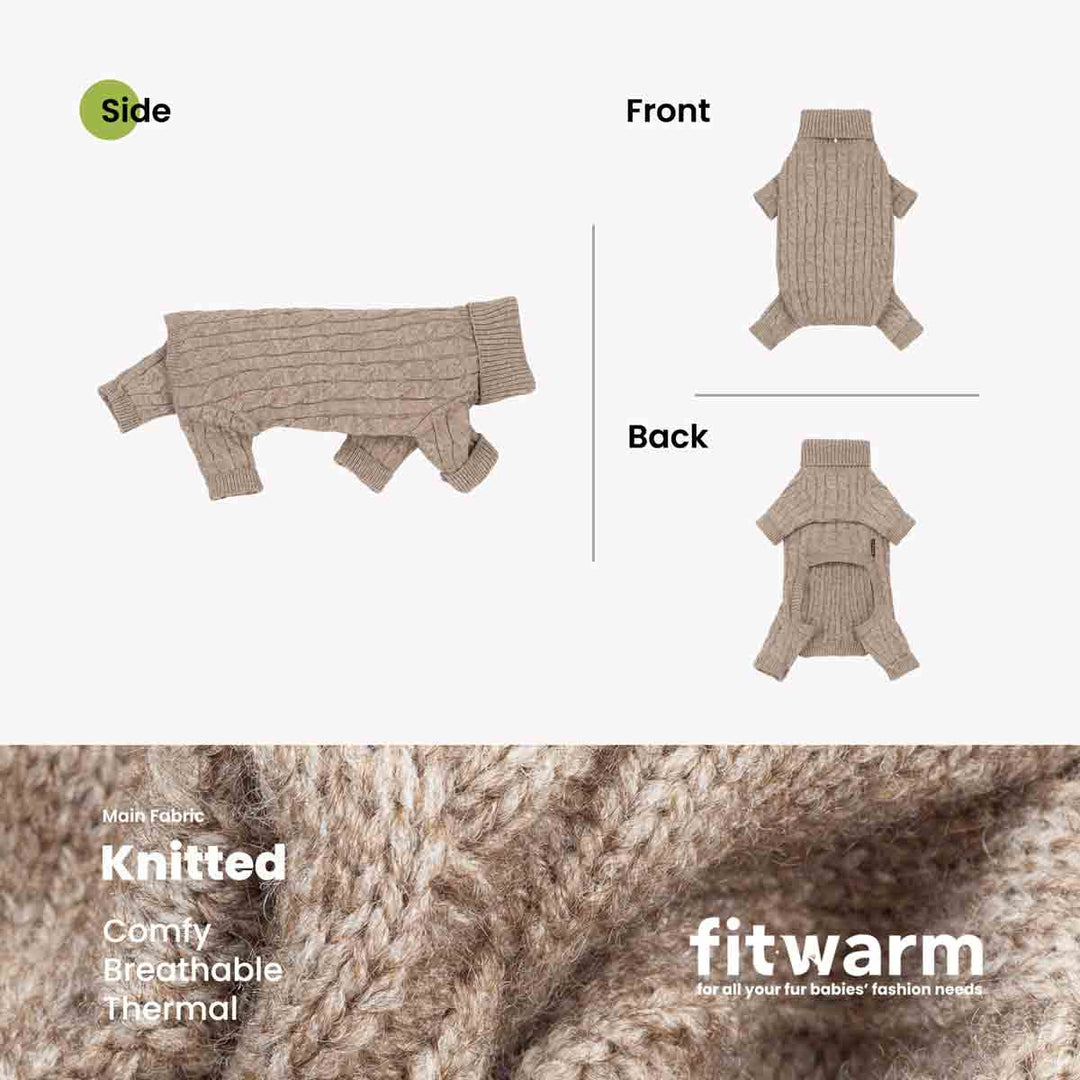 Product information graphic for a dog knit sweater. The top half shows the sweater from side, front, and back views on a light gray background